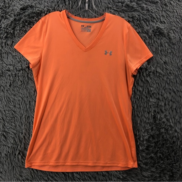 Under Armour UA Shirt Logo Vneck Semi Fitted Heatgear Women XL Workout Athletic🎃 - Picture 1 of 10